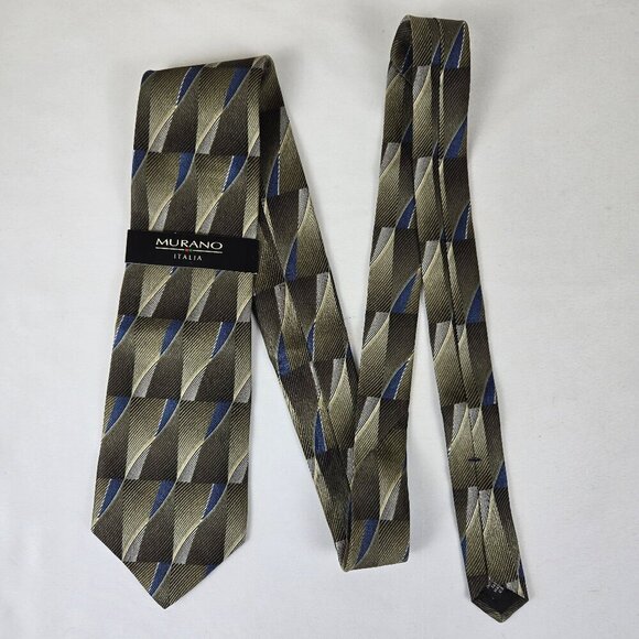 Murano Italia 100% Silk Men's Tie Green Blue Cream Wavy Striped Pattern NWT - Picture 2 of 10
